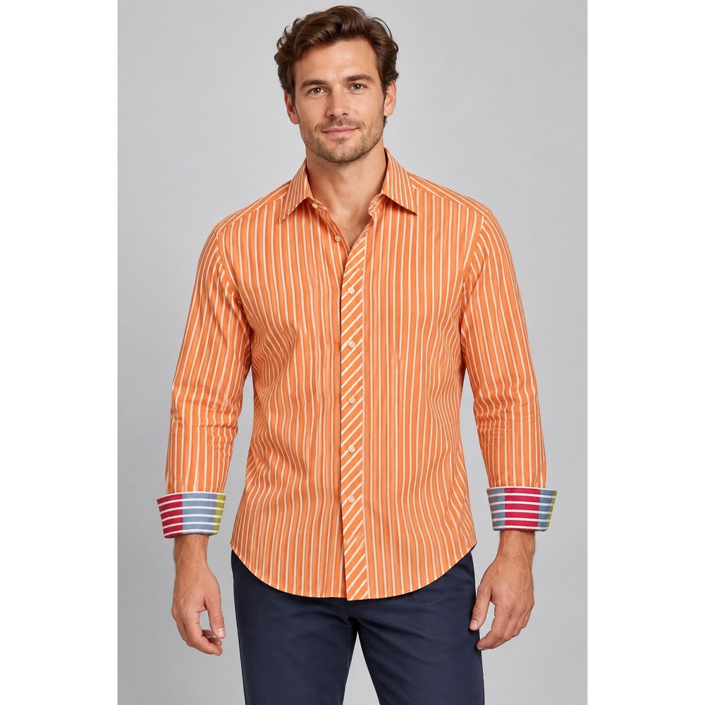 Robert Graham Mens XL Orange White Striped Button Down Shirt Contrast Cuffs